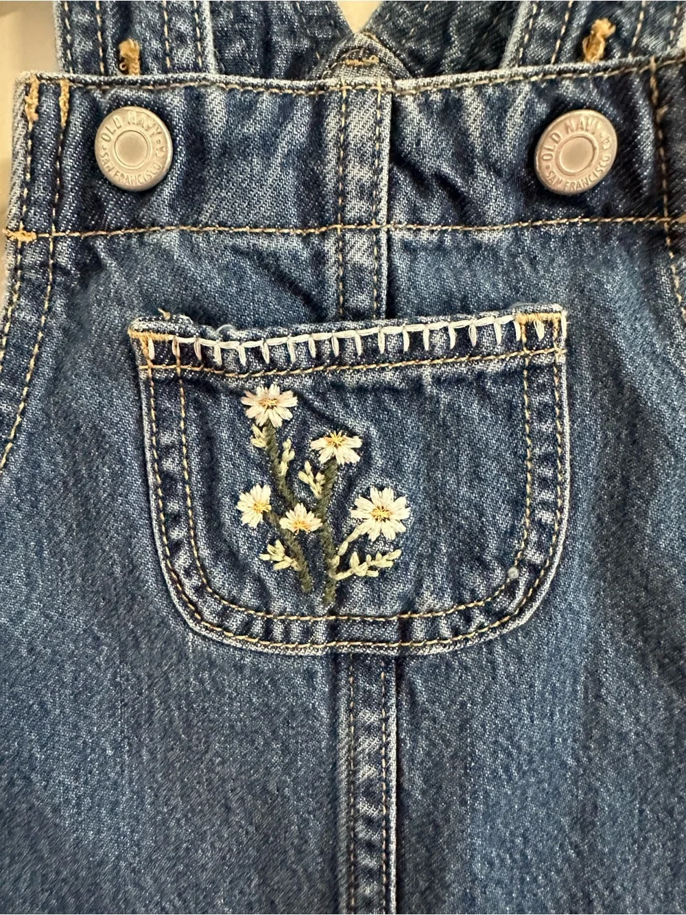 Old Navy Embroidered Jean Skirtall Dress with Daisy Embroidery